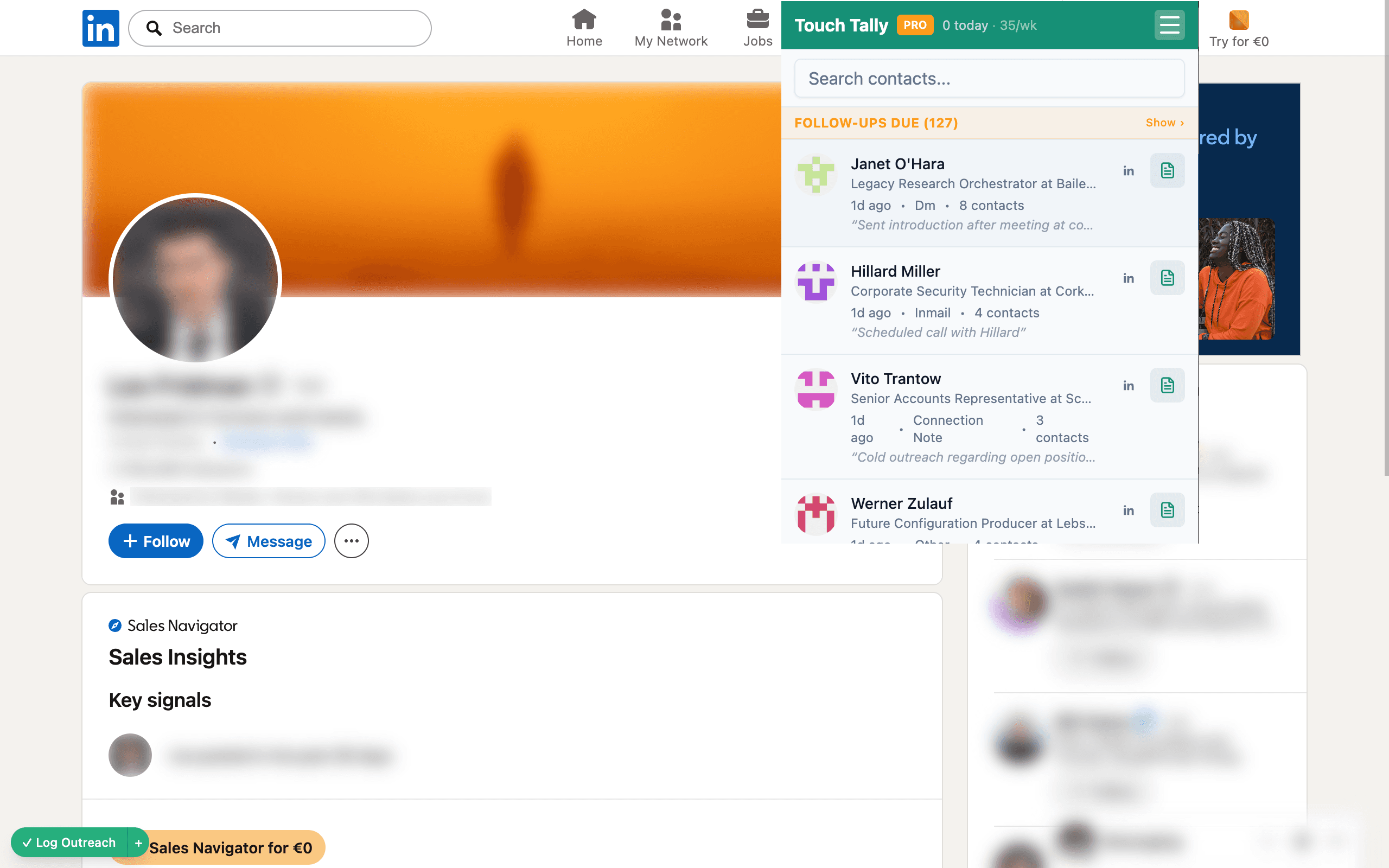 Touch Tally popup showing follow-ups due and recent contacts on LinkedIn