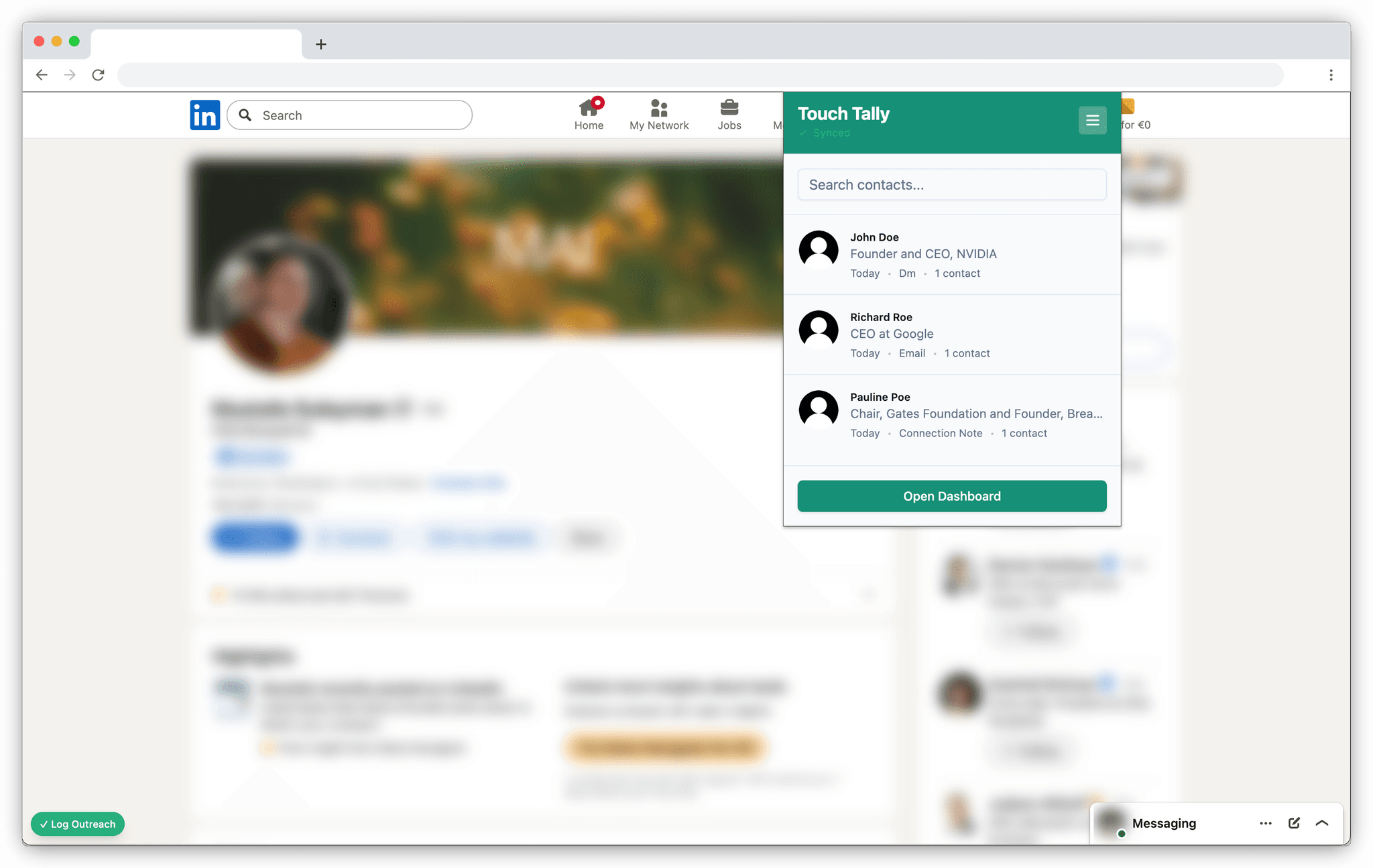 Touch Tally extension popup showing contact history