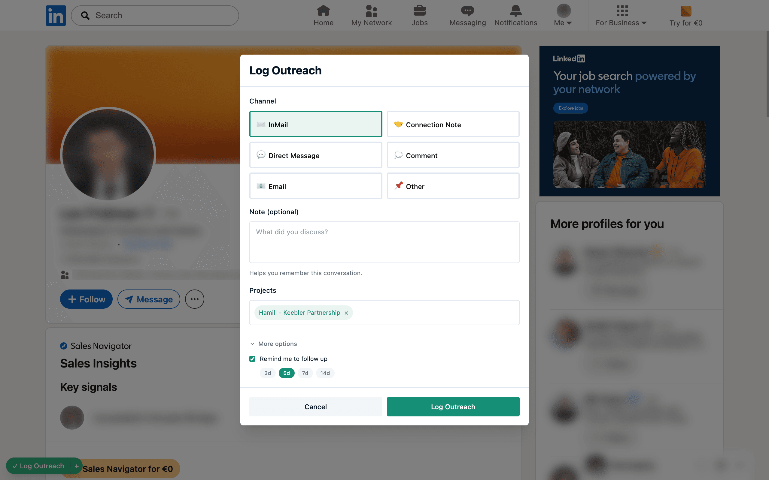 Touch Tally outreach logging modal on a LinkedIn profile